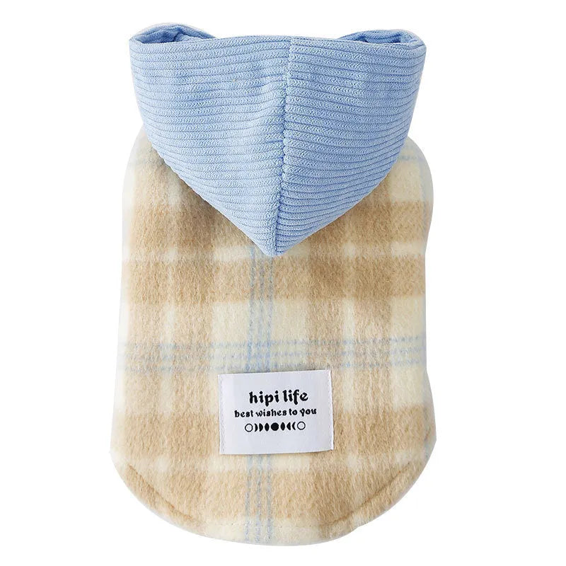 Blue corduroy dog hooded vest with chessboard grid pattern and traction hood
