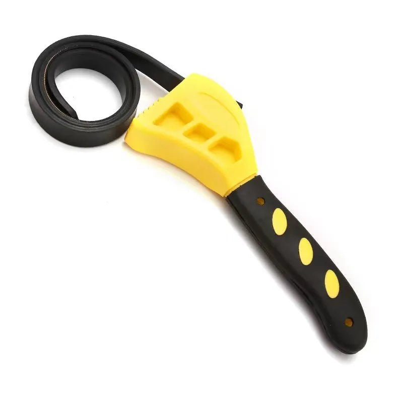 Adjustable rubber strap wrench with plastic handle, shown with 6-inch and 8-inch sizes for pipes and filters.
