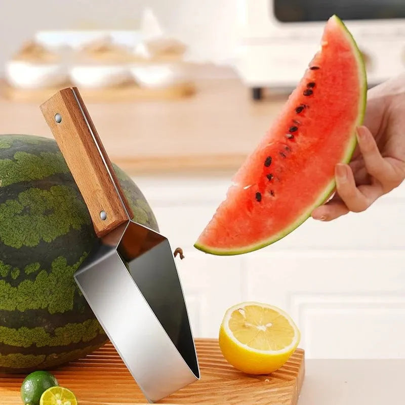 Natural colour 430 stainless steel triangle watermelon splitter with protective cover on a light background