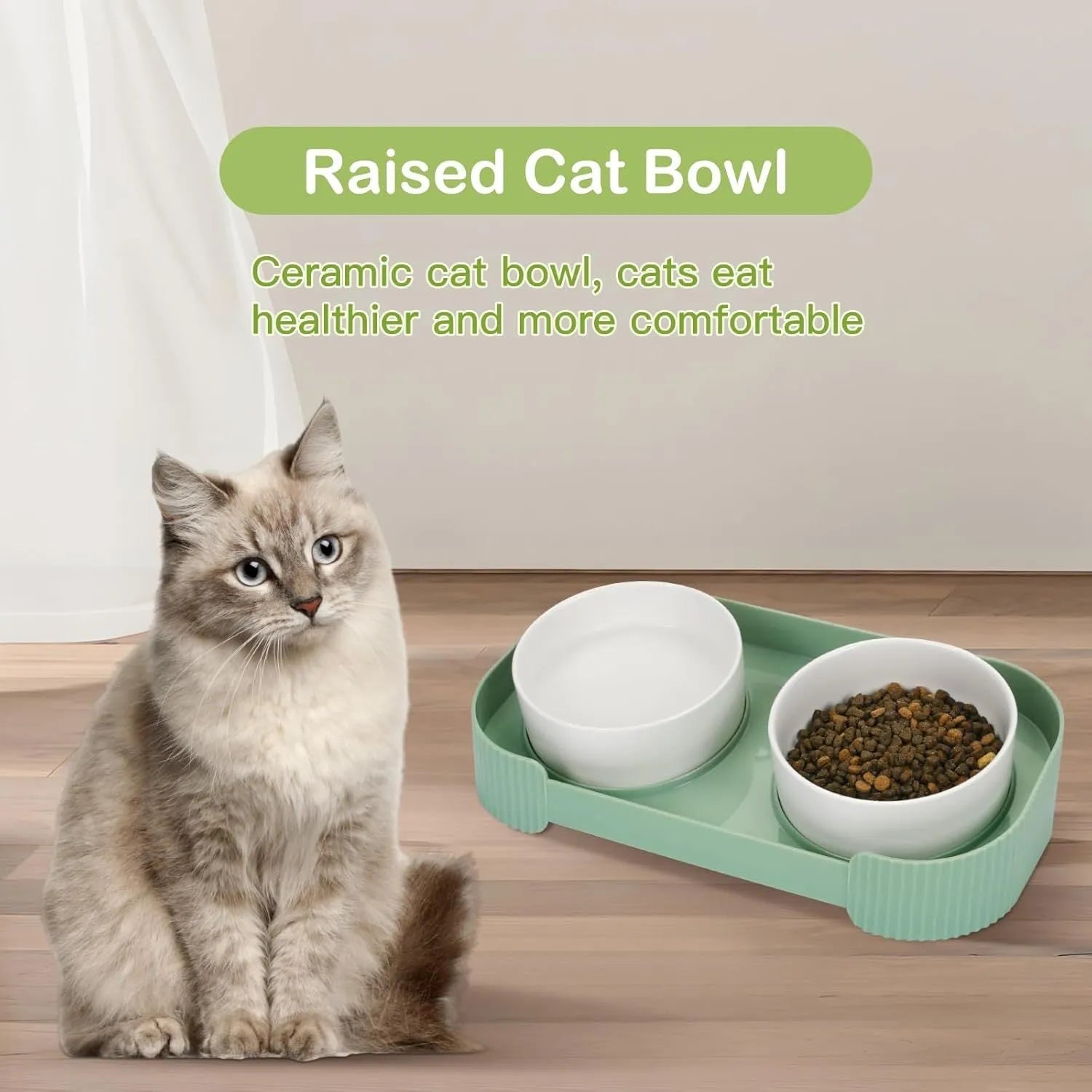 White ceramic elevated cat feeder with two bowls on a tilted stand.