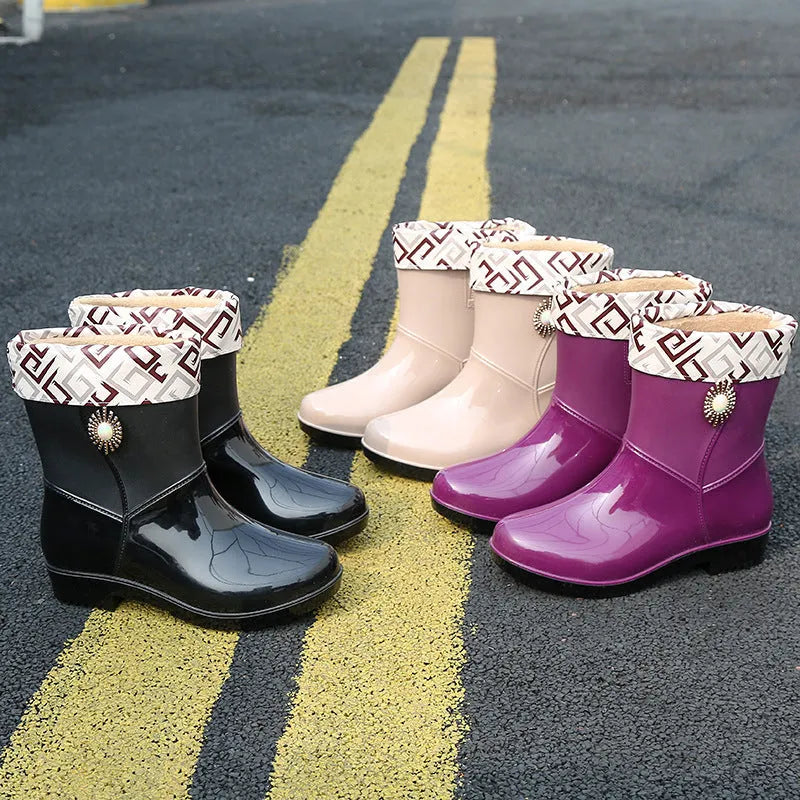 Women's middle tube non-slip rain boots in purple, black, and beige PVC with thickened construction for warmth