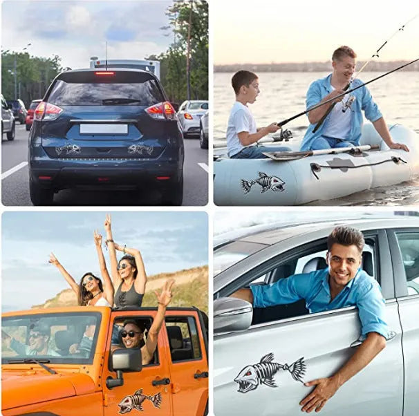 Reflective bumper sticker with horror skeleton shark fishing design covering car scratch, available in 15cm 25cm 30cm pairs