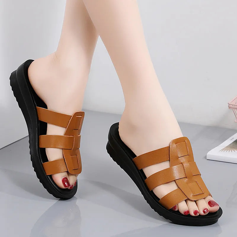 Large size flat bottom women's slippers in beige with soft PU sole and breathable viscose upper