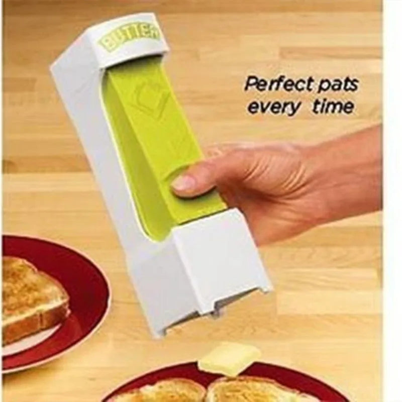 Yellow stick butter cutter cheese slicer one-button dispenser with ABS body and stainless blades on white background