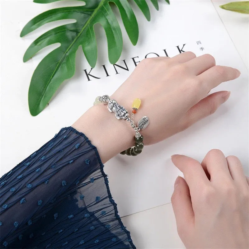 Retro women's pure silver coin bracelet with natural Hetian jade pendant, 8x7mm, handcrafted