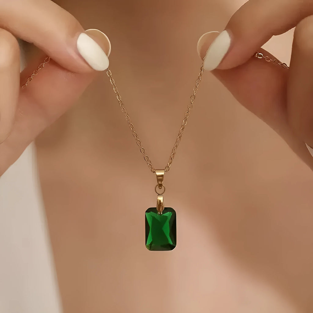 Copper geometric necklace with green rectangular pendant on O-ring chain