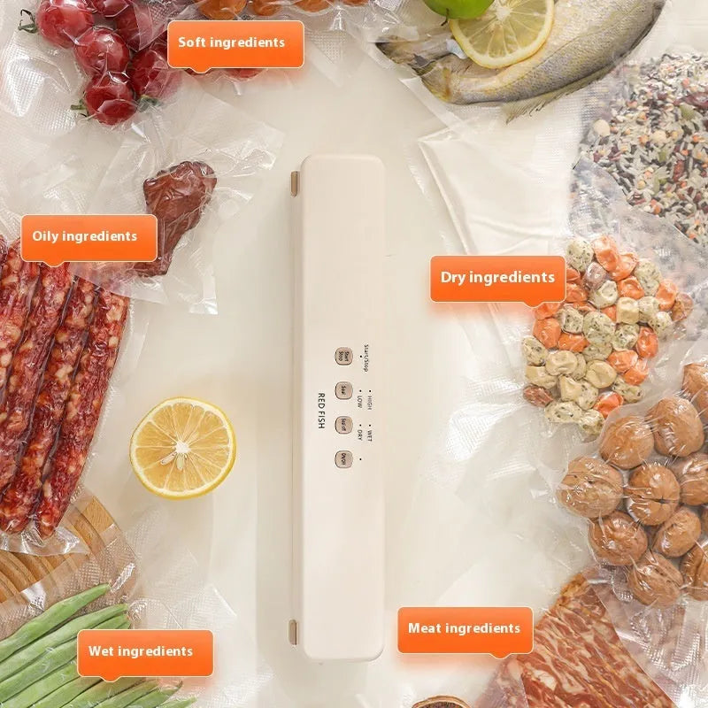 Off-white plastic vacuum sealing machine for home food packaging on a kitchen counter