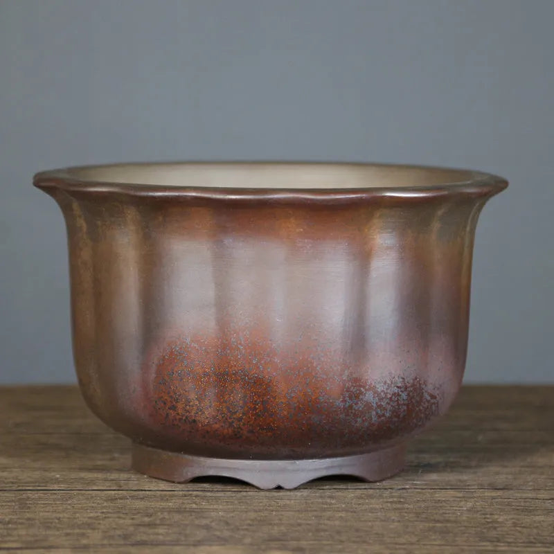Purple sand ceramic flower pot with antique carved wood burning pattern for indoor bonsai plants