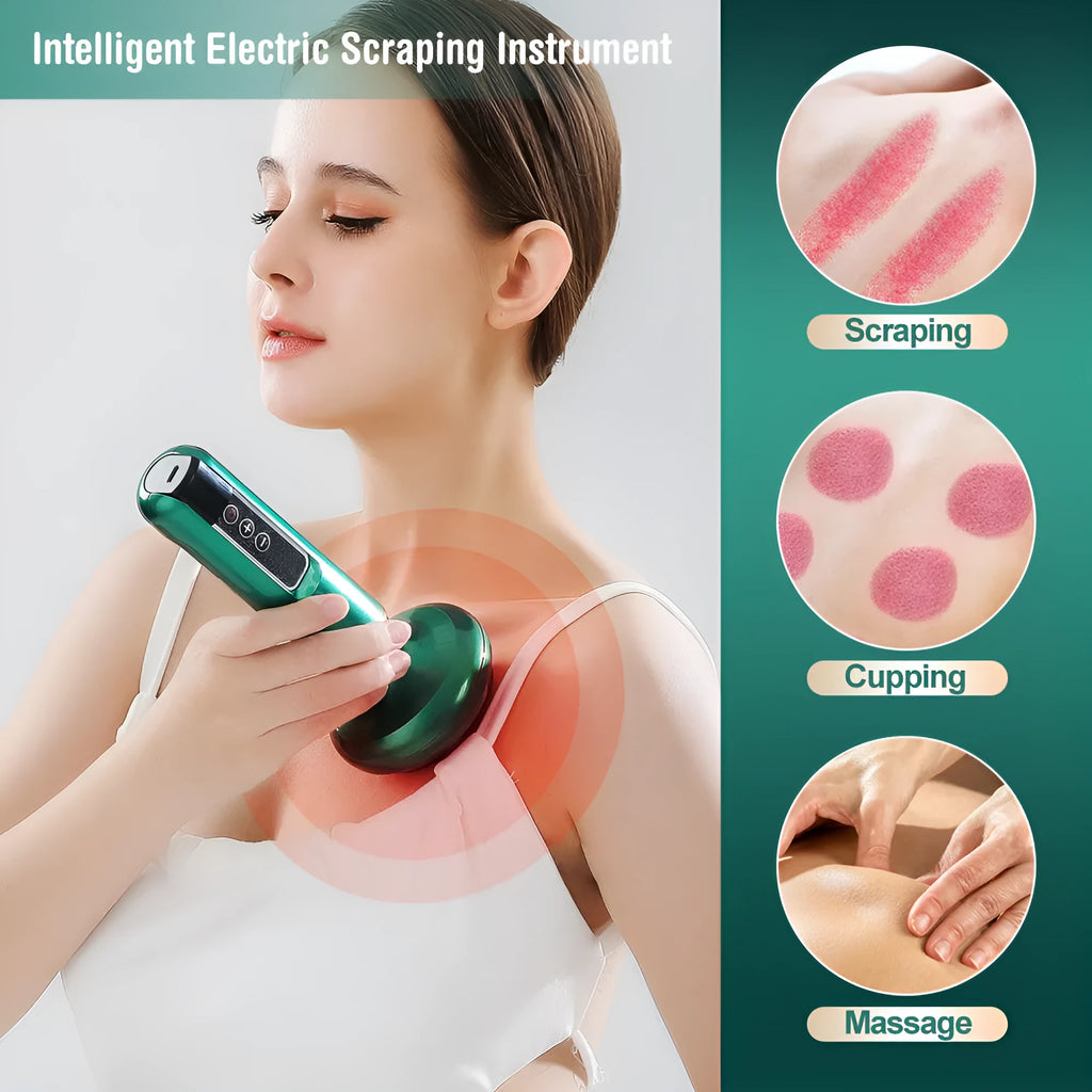 Green electric vacuum cupping massager device with USB charger on a white background