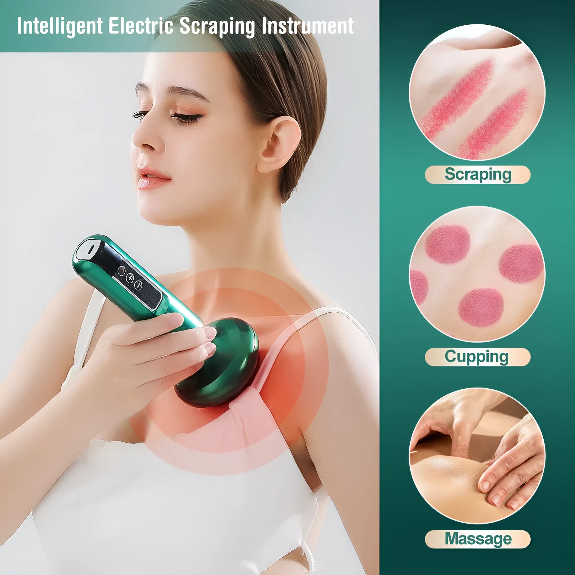 Green electric vacuum cupping massager device with USB charger on a white background
