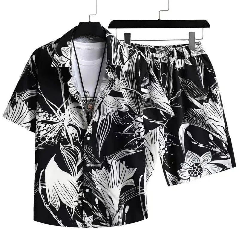 Men's digital print short sleeve cardigan suit with matching shorts in polyester fabric