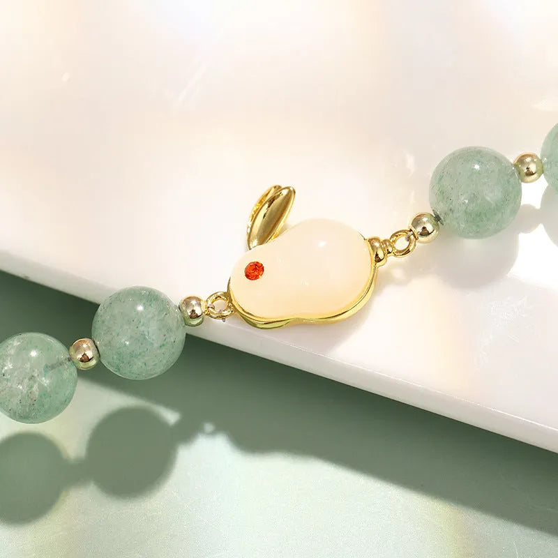 Personality New Temperament Rabbit Bracelet in green aventurine or strawberry quartz natural stone with gold-plated copper accents