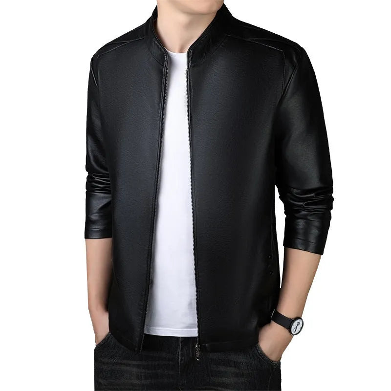 Men's PU leather jacket loose fit medium length 65cm in black, brown, and purplish red