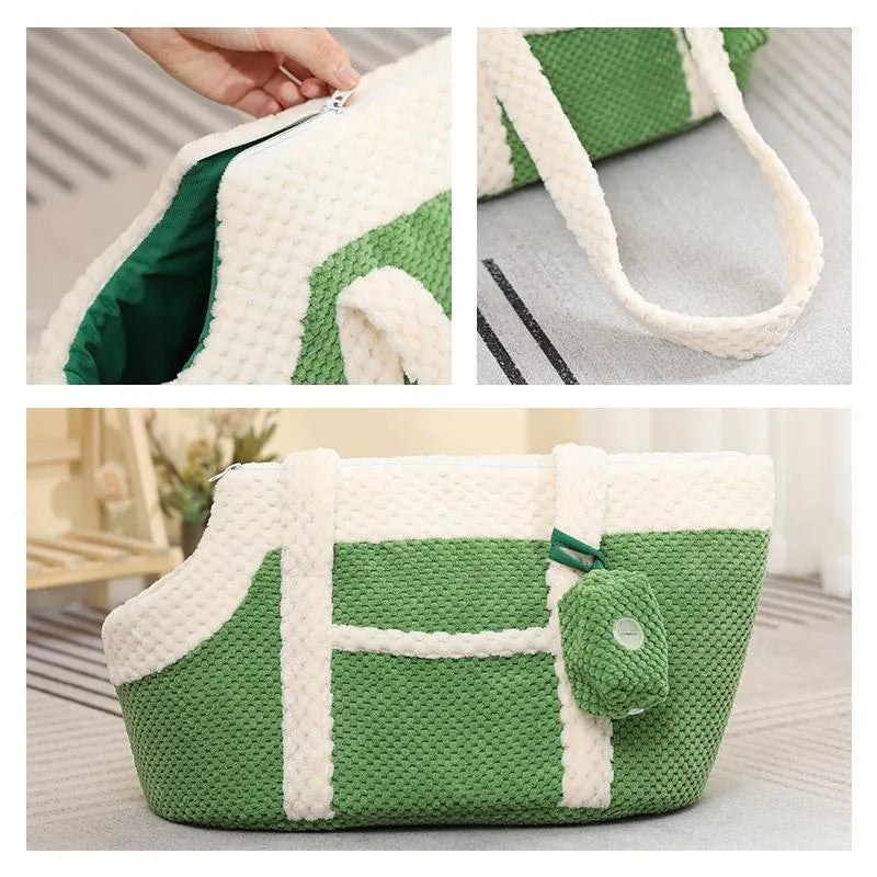 Shoulder cat bag pet carrier in green with cartoon pattern and short plush material