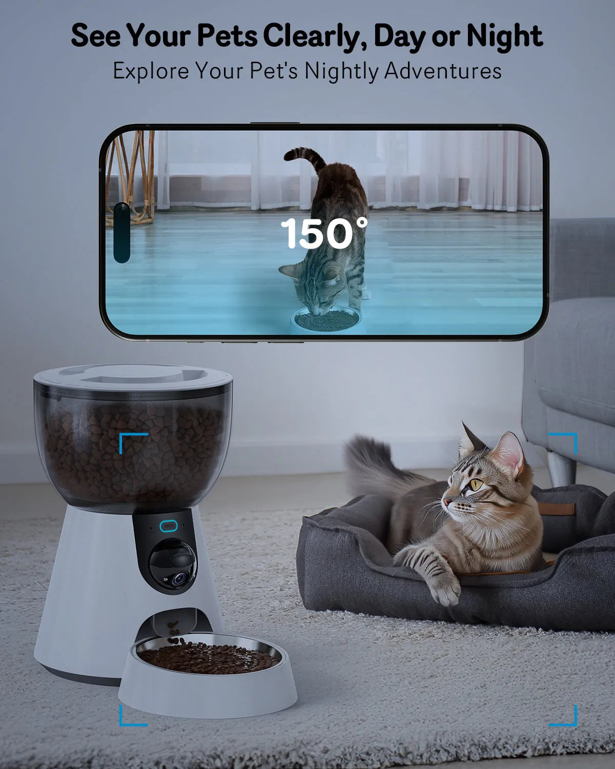 Automatic cat feeder with 1080P camera, 4L stainless steel tray, 5G WiFi, night vision