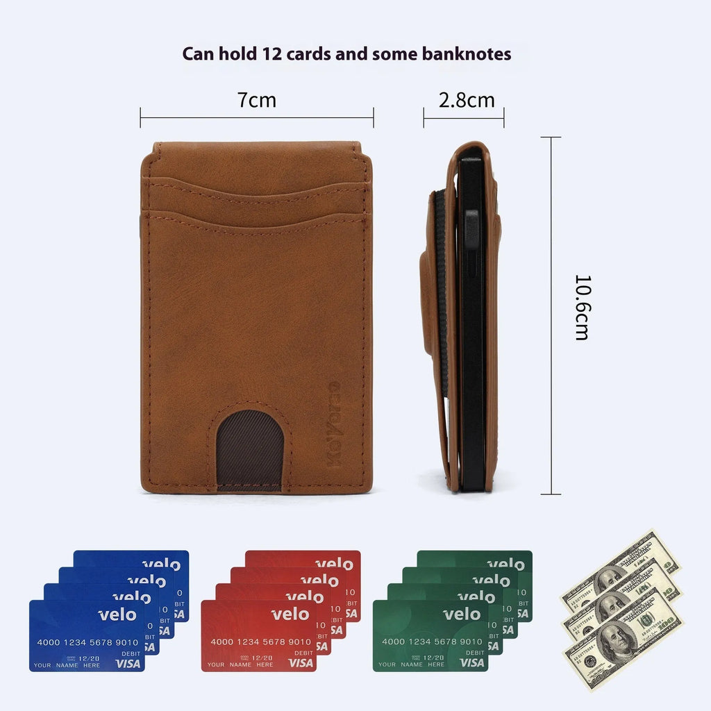 Microfiber card holder men's slim wallet in black, with card slots visible, on a neutral background
