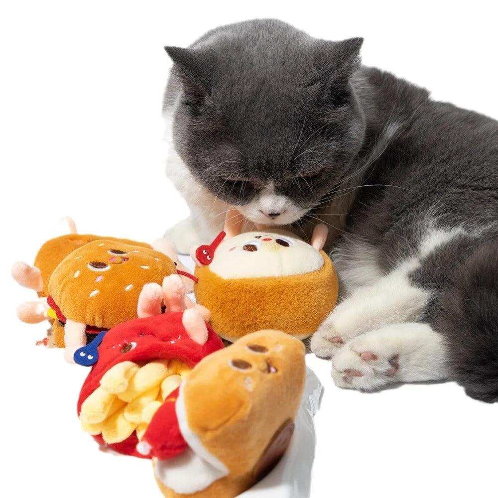 Cat chewing toy with hamburger and chicken leg designs for teething kittens