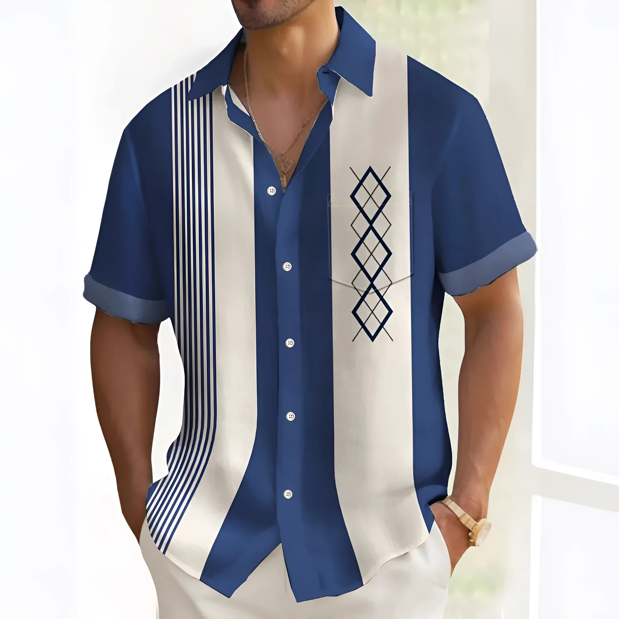 Men's loose fit printed cardigan shirt in multicolor polyester fabric for leisure wear