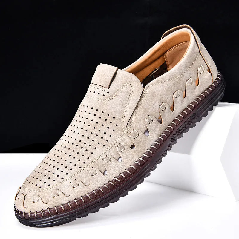 Men's brown slip-on casual shoes with artificial PU upper and flat PVC sole, showing sewing line details