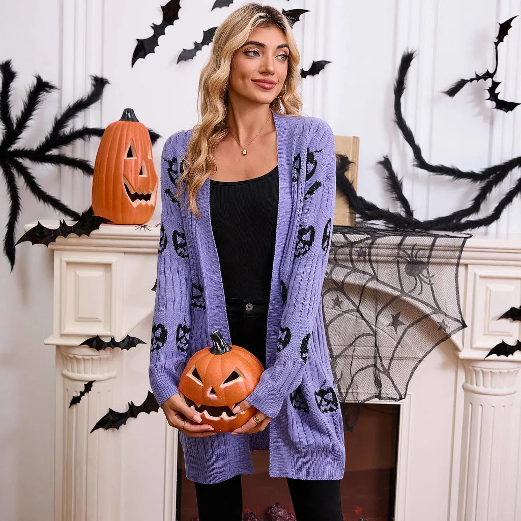 Women's black Halloween cardigan with orange pumpkin head jacquard knitted pattern, medium length straight cut design