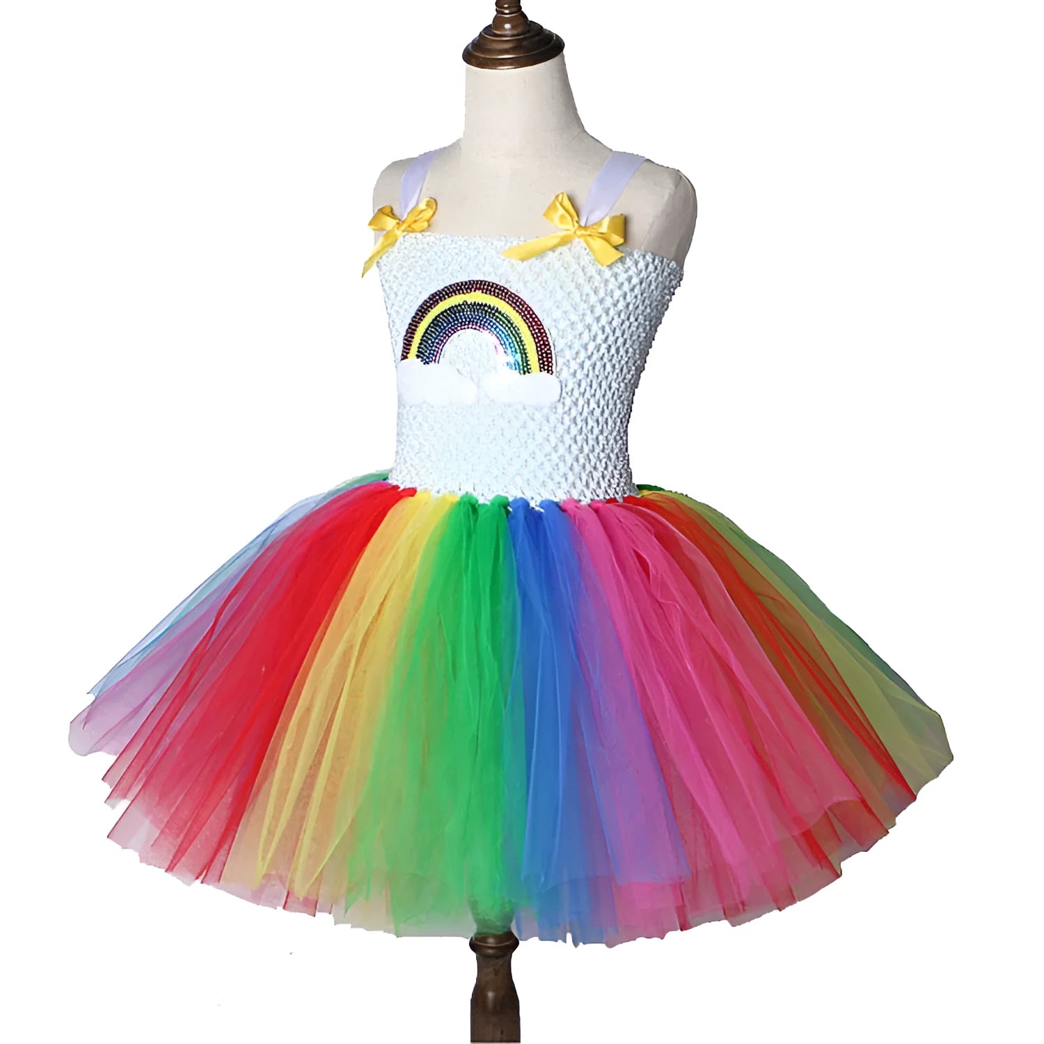 Children's net yarn rainbow show princess dress in sling style with rainbow colour matching, made from nylon and polyester lining.