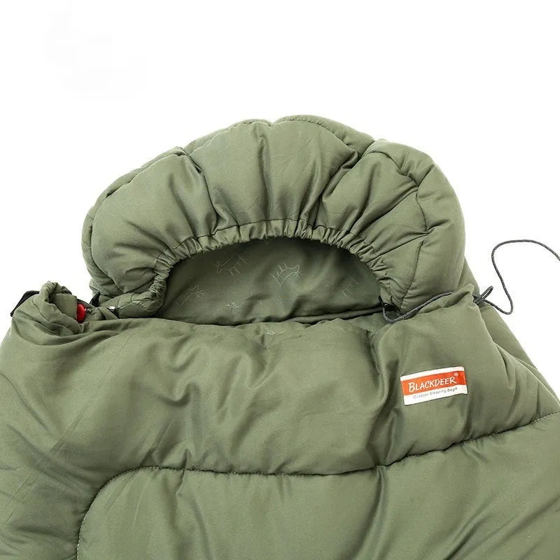 Cotton camping sleeping bag quilt in ochre or olive green colour, showing ultra-light portable design