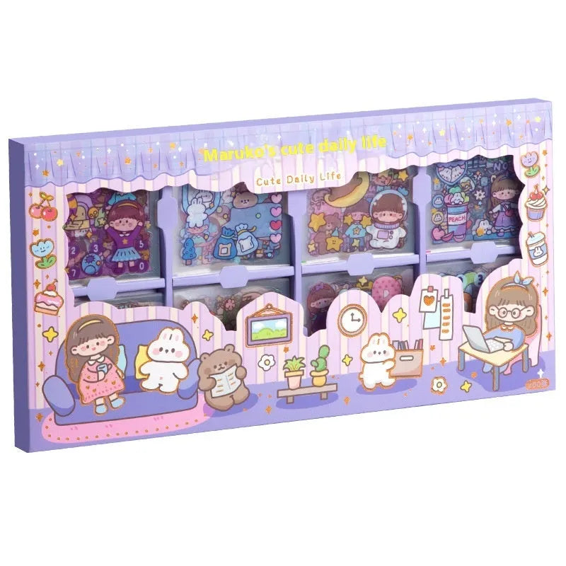 Sticker goo card notebook open showing self-adhesive pages with cute meatballs design