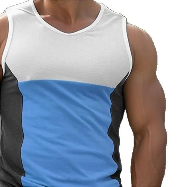 Men's blue cotton blend sports vest for running, showing front design.