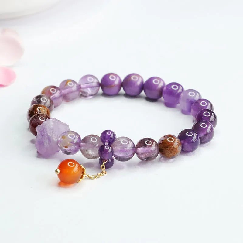 Nine purple fire Duobao crystal bracelet with amethyst beads and red agate accents in Mori style