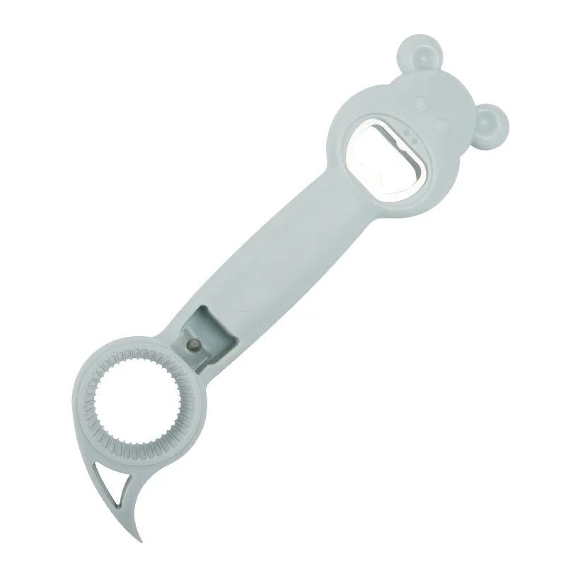 4-in-1 bear-shaped stainless steel and PP manual bottle and jar opener in gray blue on white background