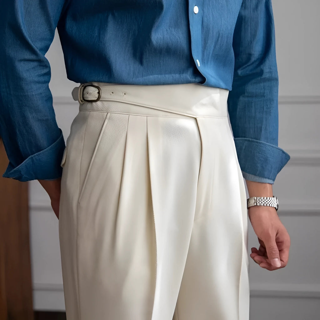 Men's high waist straight leg casual trousers in black polyester fabric