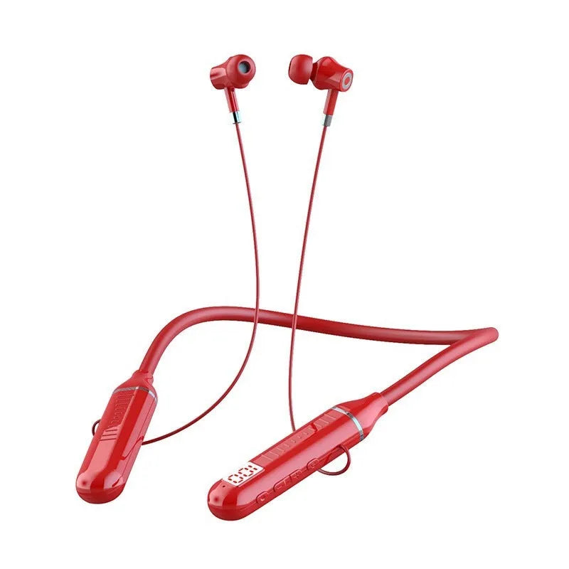 Black wireless Bluetooth sports headset with neckband design and earbuds