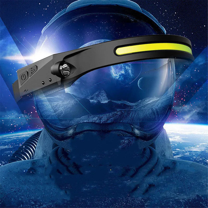 COB LED induction headlamp with USB rechargeable, 230-degree beam and 100m range side LED on a person wearing it outdoors