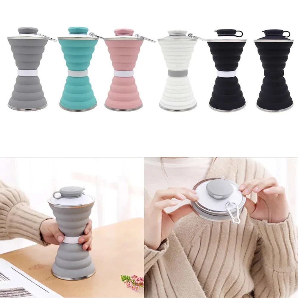 500ml collapsible silicone water bottle in light green, folded and unfolded, with connective rope