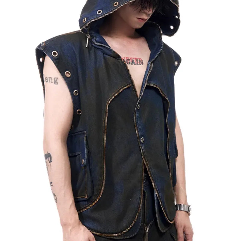 Blue hooded denim vest coat and matching trousers men's two-piece casual set