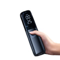 Black portable electric car air pump with digital pressure display and plug-in power cable