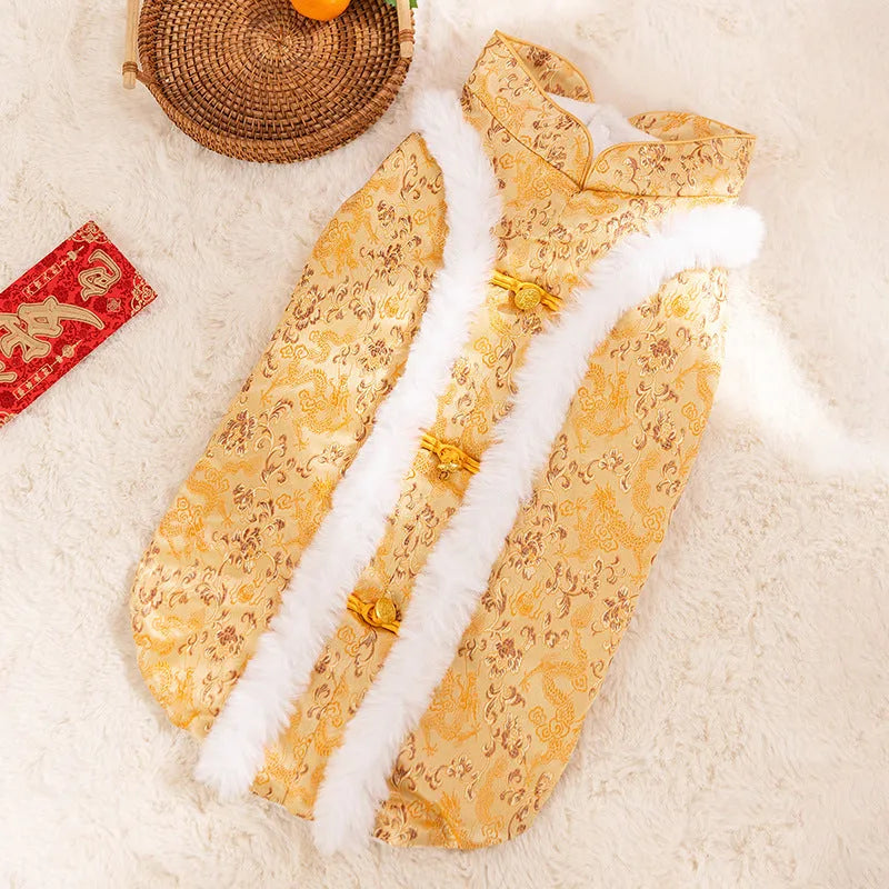 Chinese-style cotton-padded pet coat for large dogs in red with dragon embroidery and rabbit fur collar