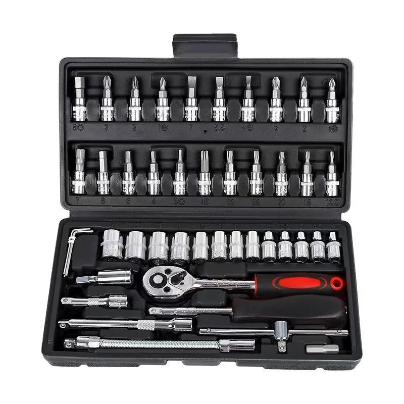 53-piece red and black socket wrench tool set in storage box for home maintenance