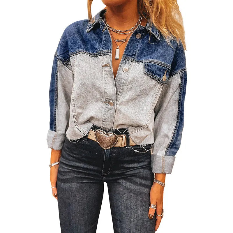 Women's single row multi-buckle denim coat in casual loose fit, cotton fabric, colour-matched design