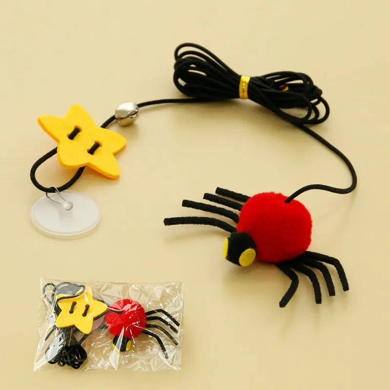 Hanging door cat toy with feather stick, bell, and spider attachment on elastic rope