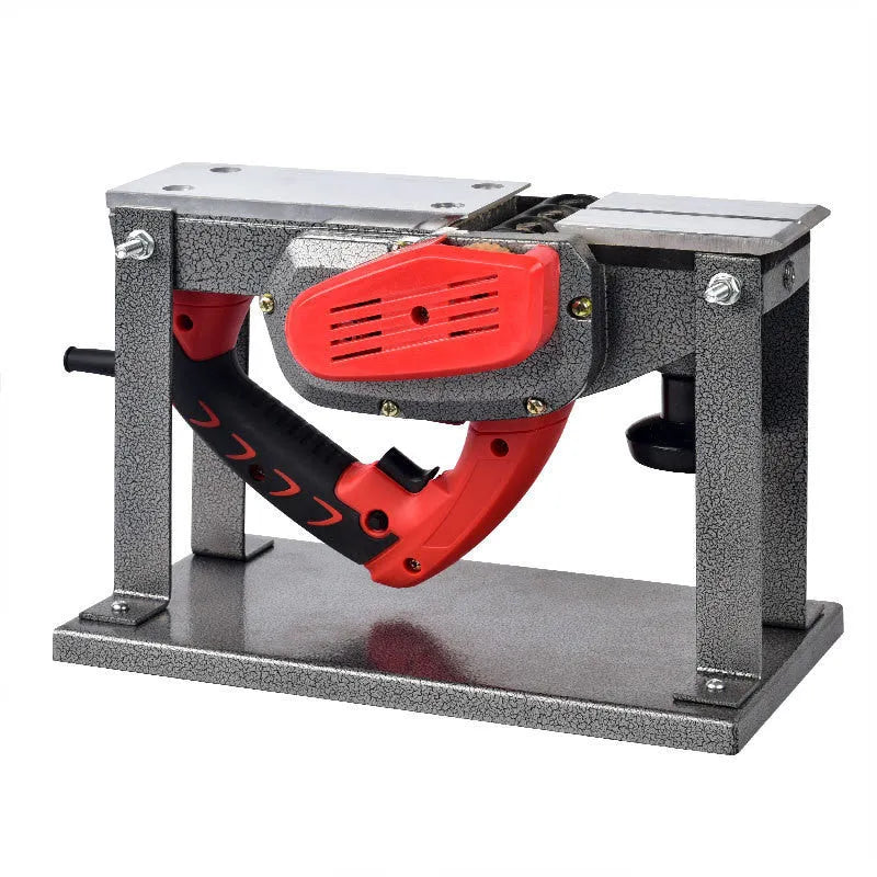 Red desktop electric wood planer with aluminium body showing 82mm planing width and power cord