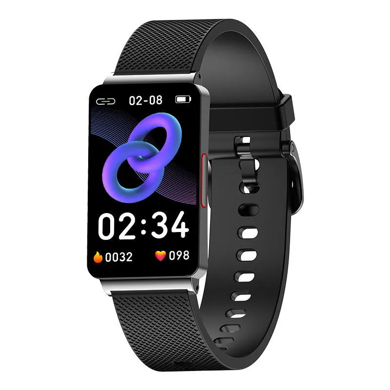 EP08 smart bracelet with touch screen on a wrist, showing black, gold, and silver TPU strap options.
