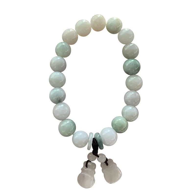 Natural jade bracelet with geometric beads showing Maitreya Buddha, double apple, and money bag symbols
