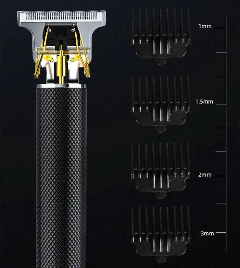 Black rechargeable electric hair clipper with gold steel blades and four comb attachments
