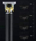 Black rechargeable electric hair clipper with gold steel blades and four comb attachments