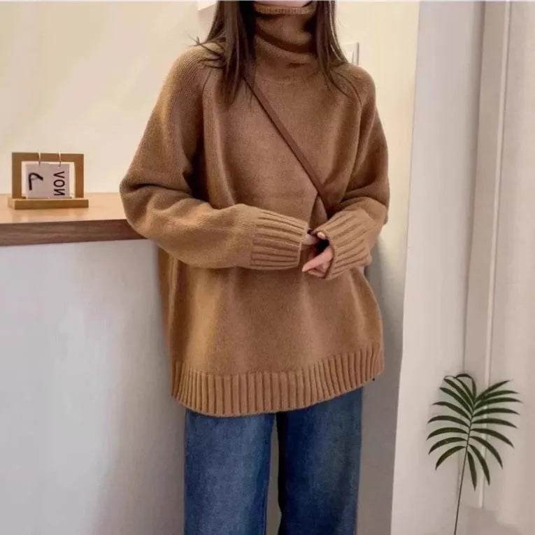 Women's loose thick turtleneck sweater with textured curling pile collar in solid colour
