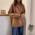 Women's loose thick turtleneck sweater with textured curling pile collar in solid colour