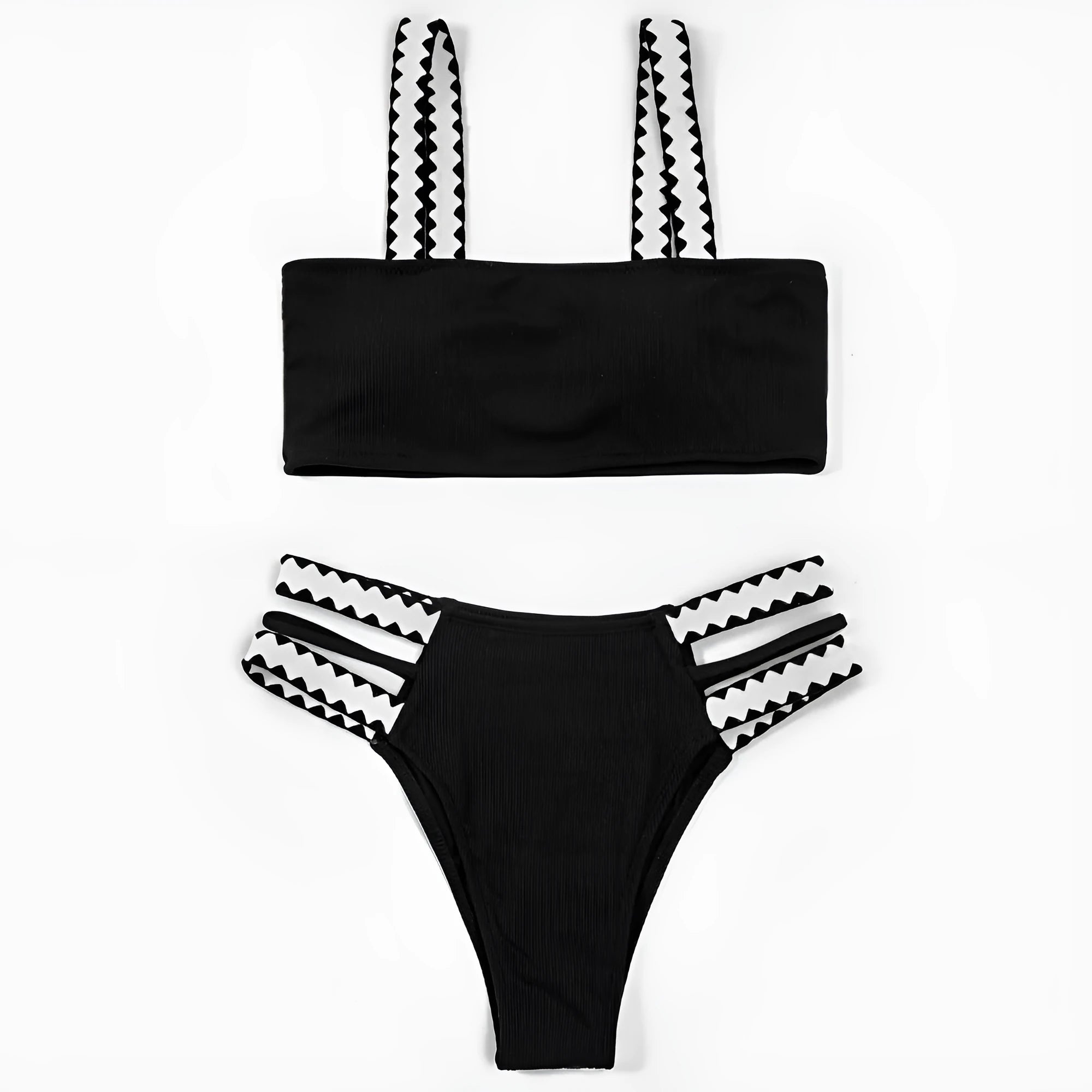 Women's black polyester hollowed-out split swimsuit for swimming and wading