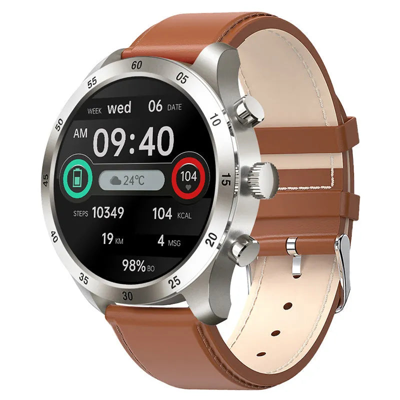 Black steel Bluetooth smart watch on wrist showing call interface