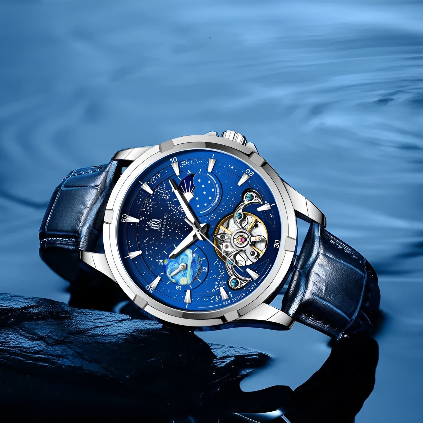 Men's blue dial automatic mechanical watch with stainless steel case 40mm diameter